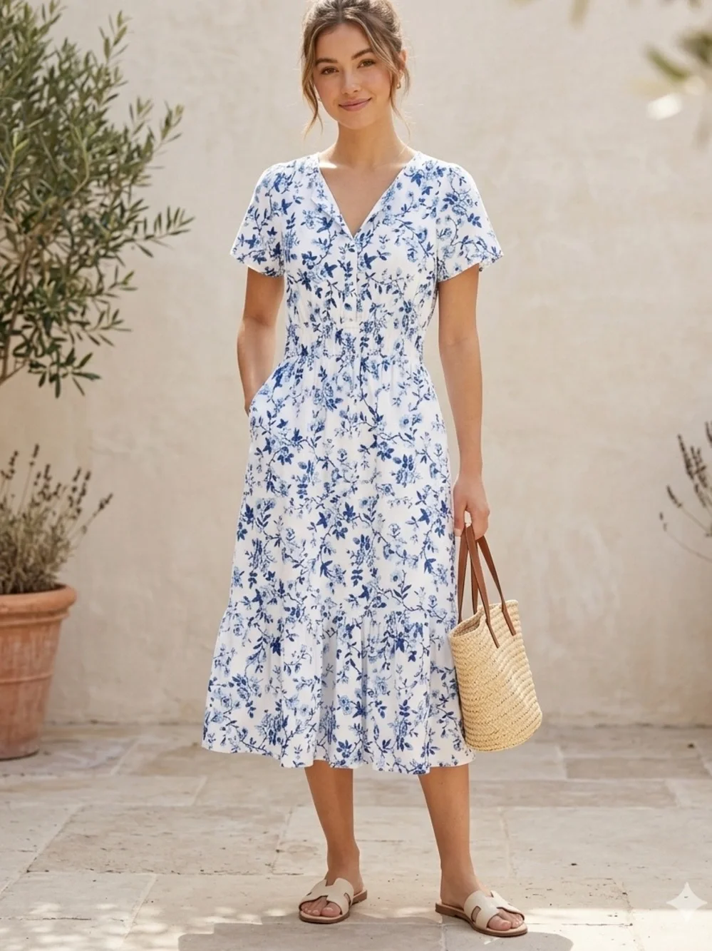 french connection blue and white dress French Connection Floral Short Sleeve Maxi Dress, Women's Size M